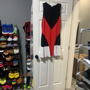 Red, black and white color block mini dress